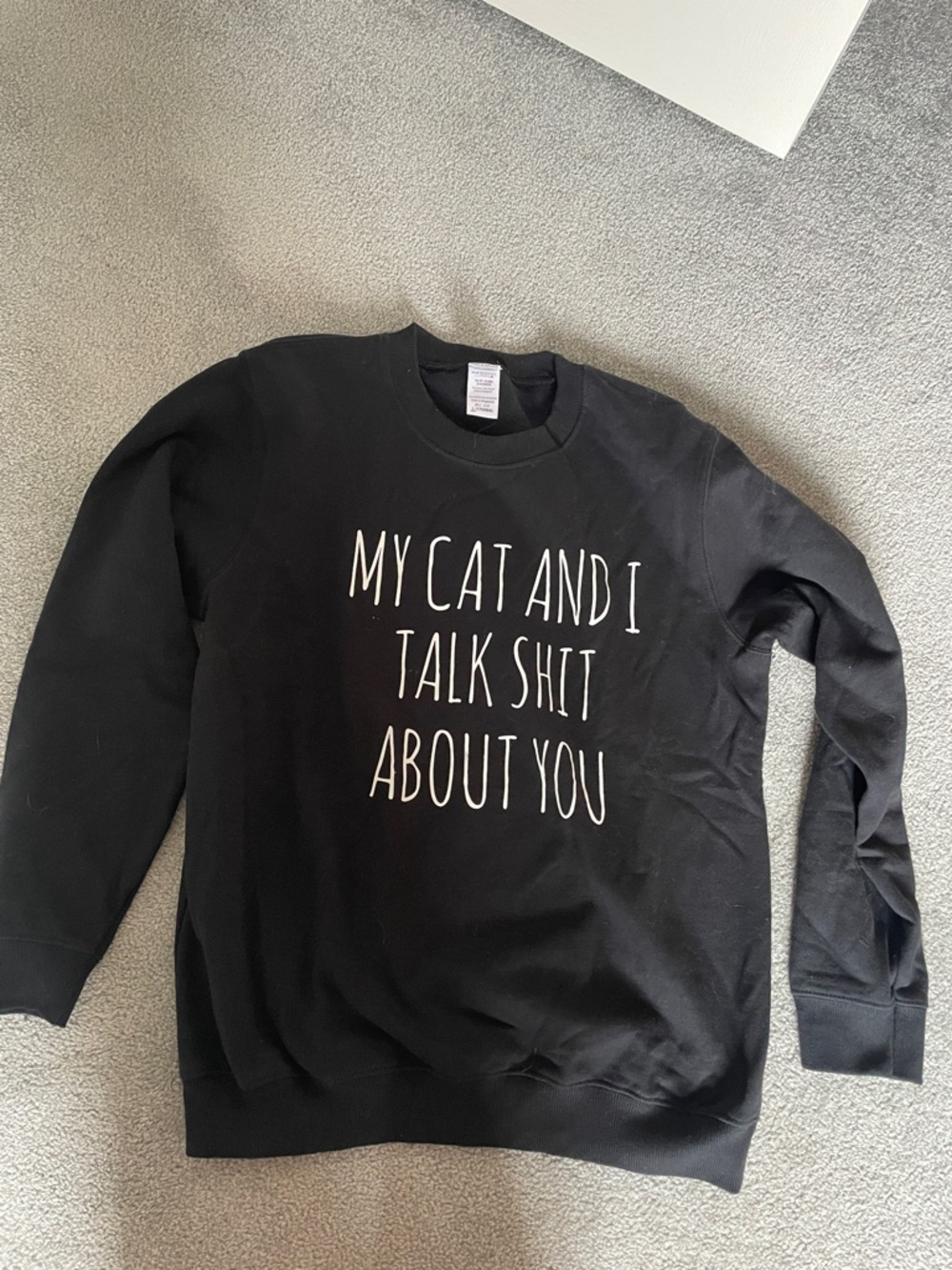 Gildan Black Crewneck Sweatshirt with White Cat Humor Text